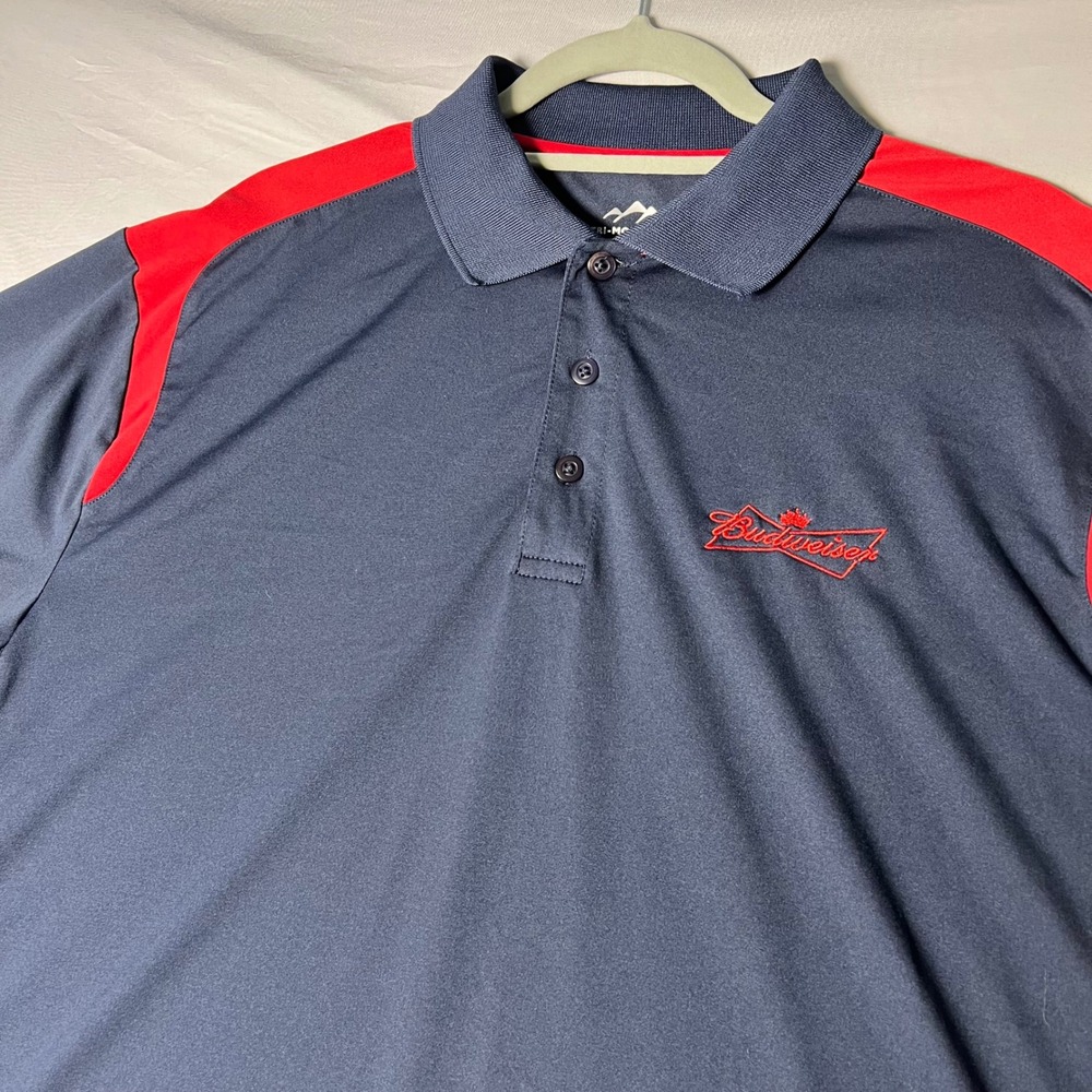 Tri-Mountain Budweiser Polo Shirt Mens Large Navy Red Colorblock Performance L